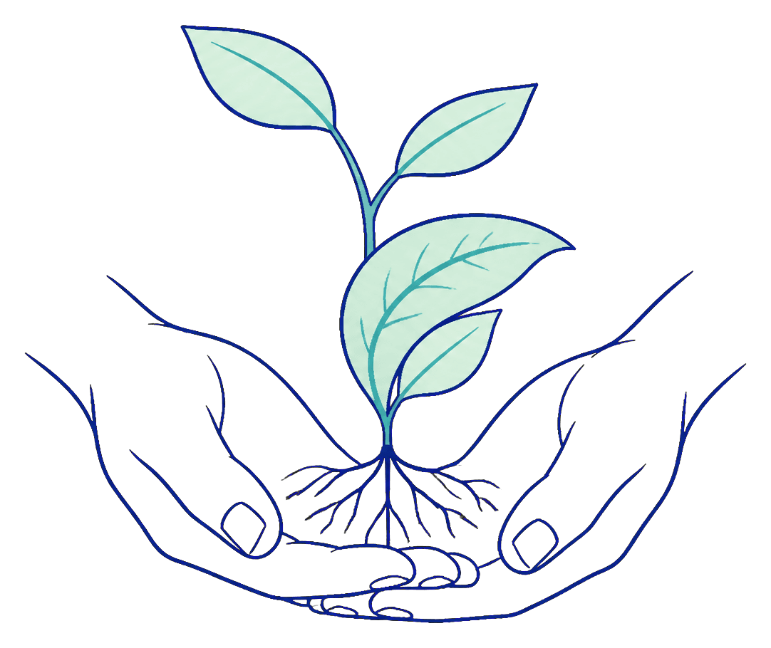 A young plant held in cupped hands, representing legacy and protection