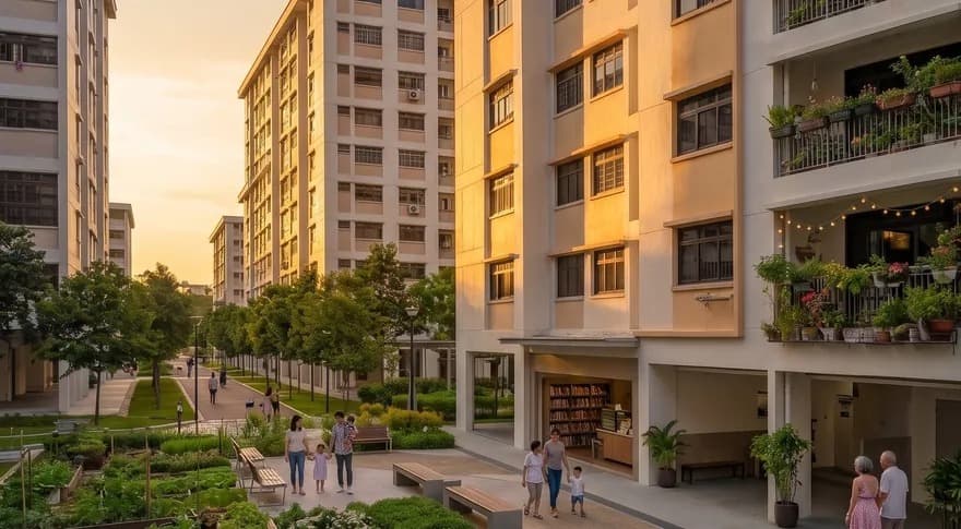 Singapore HDB estate at golden hour with families in the void deck
