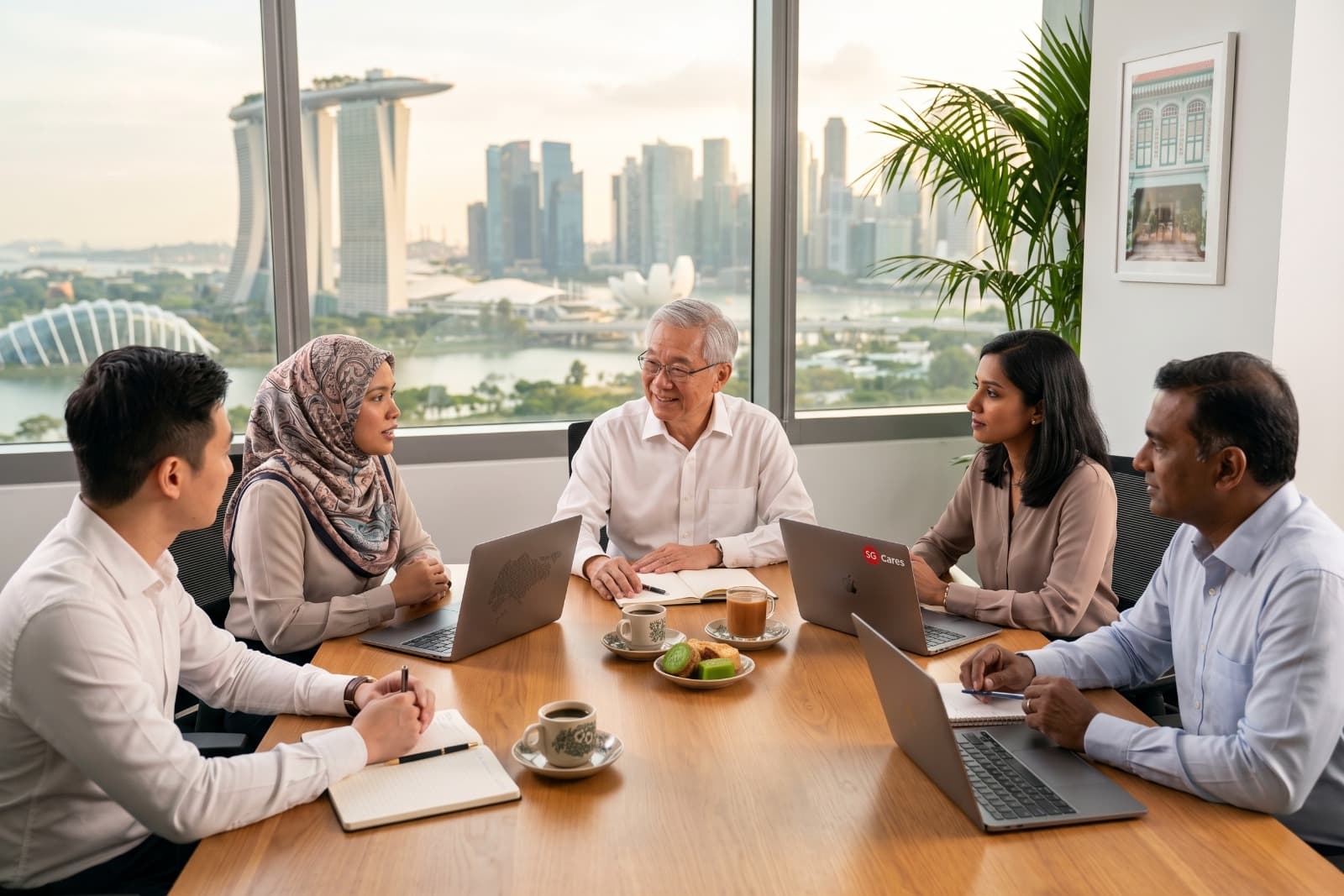 Financial coaching session around a table overlooking the Singapore skyline